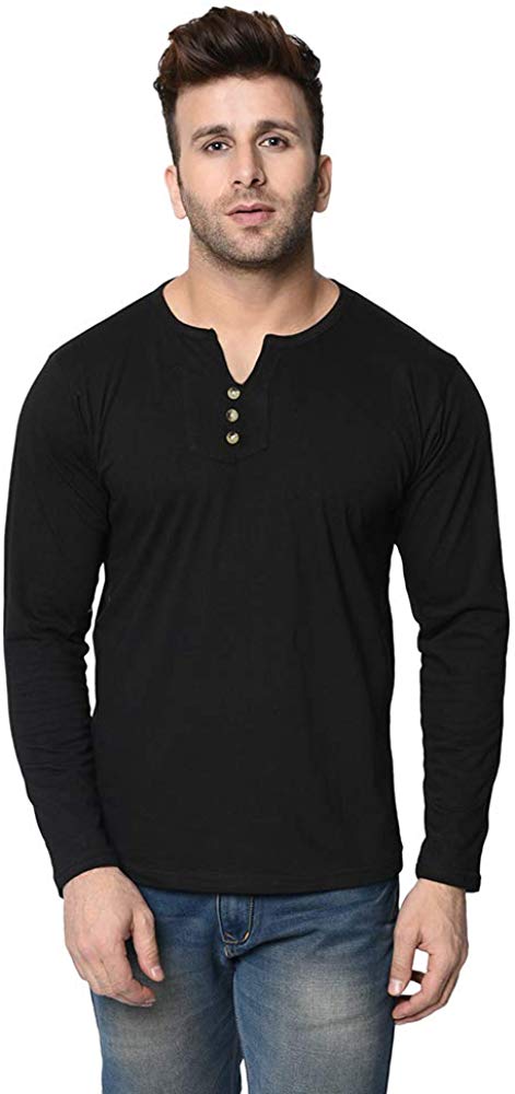 MUFALI Men's Cotton Blend Regular Fit Henley Neck Full Sleeve Casual Wear T-Shirt