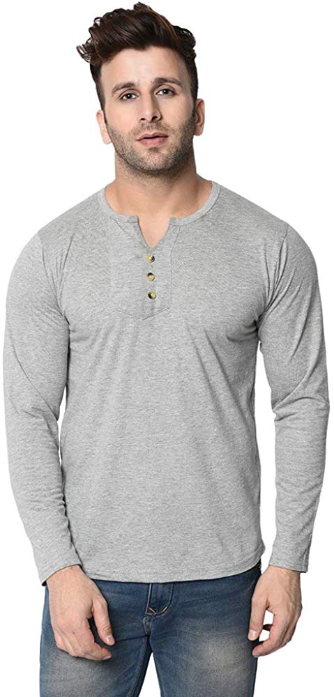 MUFALI Men's Cotton Blend Regular Fit Henley Neck Full Sleeve Casual Wear T-Shirt